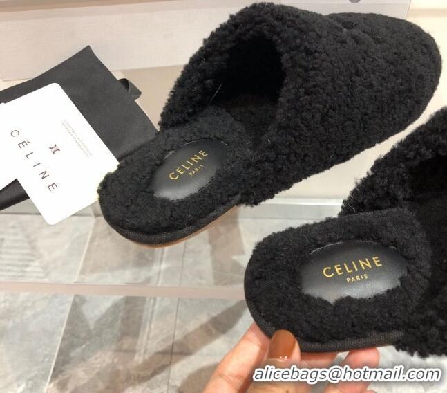 Top Quality Celine Triomphe Shearling Flat Slide Sandals 092235 Black