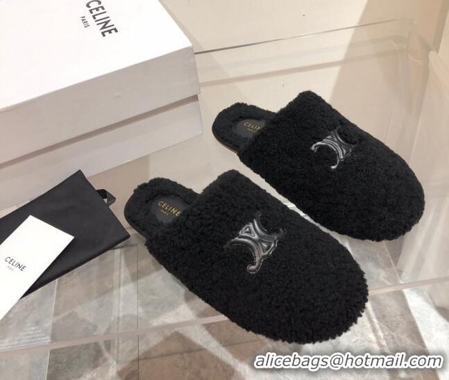 Top Quality Celine Triomphe Shearling Flat Slide Sandals 092235 Black