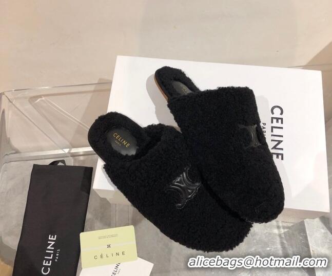 Top Quality Celine Triomphe Shearling Flat Slide Sandals 092235 Black