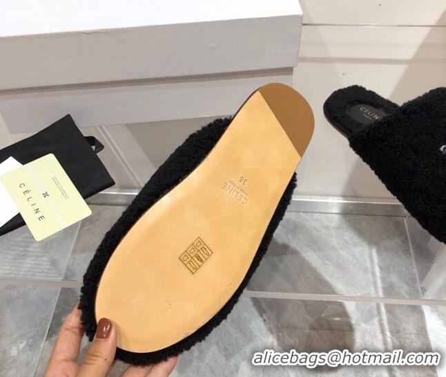 Top Quality Celine Triomphe Shearling Flat Slide Sandals 092235 Black