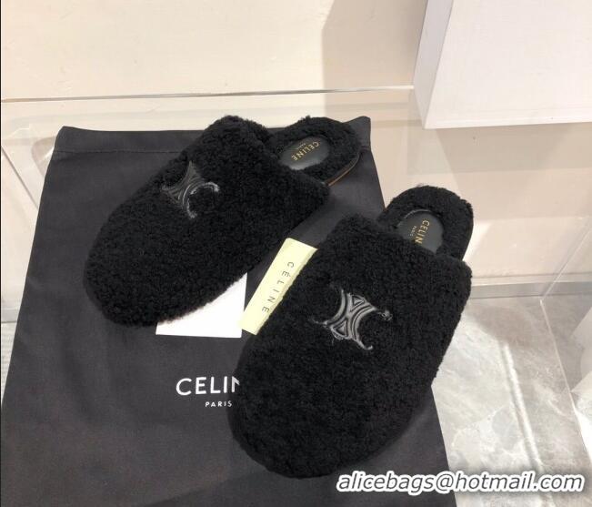 Top Quality Celine Triomphe Shearling Flat Slide Sandals 092235 Black