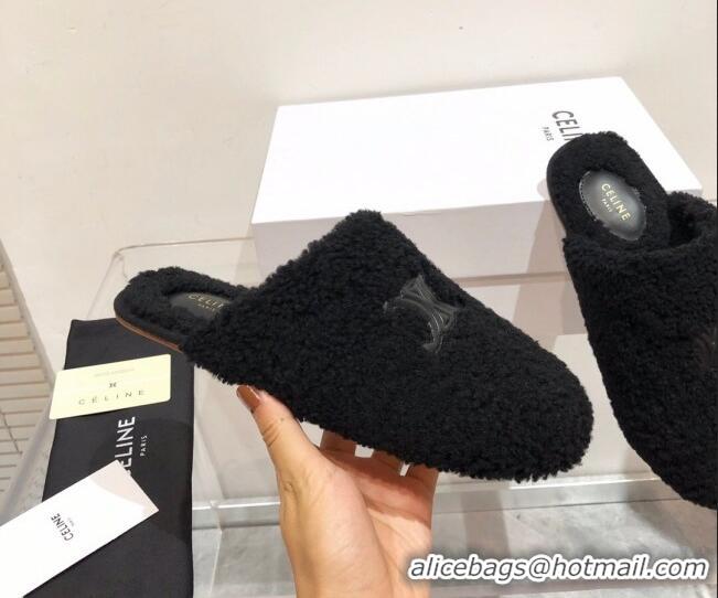 Top Quality Celine Triomphe Shearling Flat Slide Sandals 092235 Black