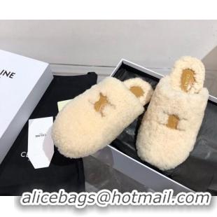 Custom Celine Triomphe Shearling Flat Slide Sandals 092236 Beige