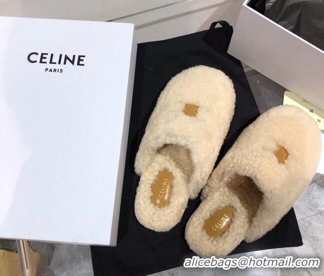 Custom Celine Triomphe Shearling Flat Slide Sandals 092236 Beige