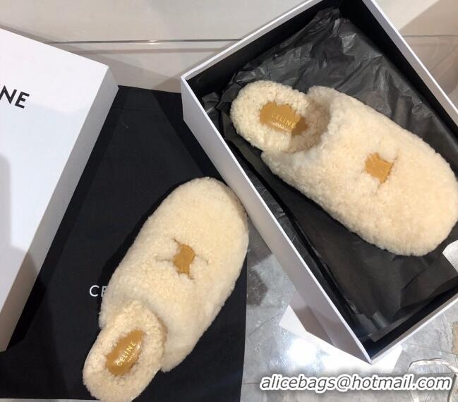 Custom Celine Triomphe Shearling Flat Slide Sandals 092236 Beige