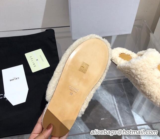 Custom Celine Triomphe Shearling Flat Slide Sandals 092236 Beige