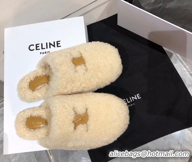 Custom Celine Triomphe Shearling Flat Slide Sandals 092236 Beige