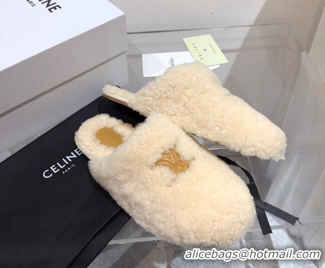 Custom Celine Triomphe Shearling Flat Slide Sandals 092236 Beige