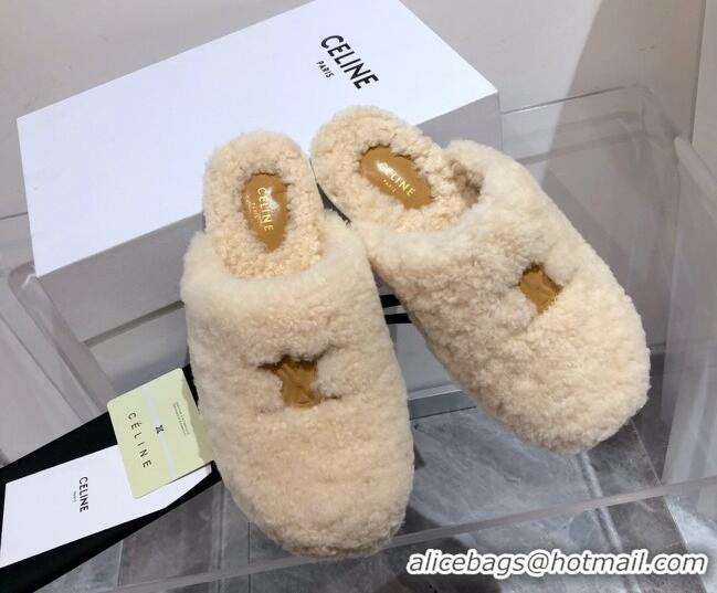 Custom Celine Triomphe Shearling Flat Slide Sandals 092236 Beige