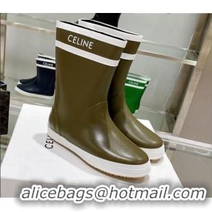 Good Product Celine Shiny Leather Rain Boots Khaki Green 120448