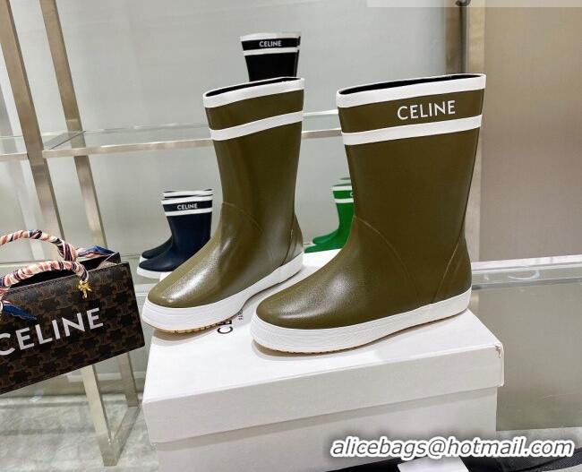 Good Product Celine Shiny Leather Rain Boots Khaki Green 120448