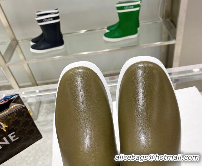 Good Product Celine Shiny Leather Rain Boots Khaki Green 120448