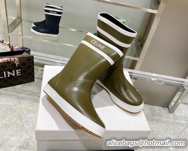 Good Product Celine Shiny Leather Rain Boots Khaki Green 120448