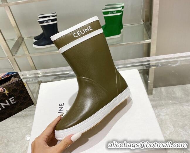 Good Product Celine Shiny Leather Rain Boots Khaki Green 120448