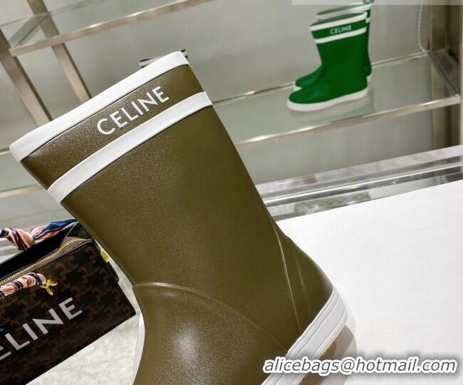 Good Product Celine Shiny Leather Rain Boots Khaki Green 120448