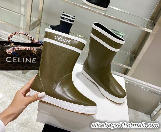 Good Product Celine Shiny Leather Rain Boots Khaki Green 120448