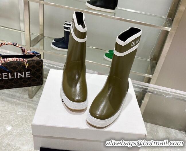 Good Product Celine Shiny Leather Rain Boots Khaki Green 120448