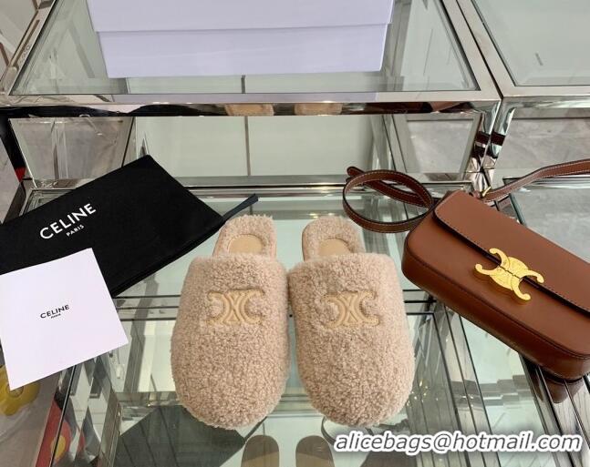 Best Luxury Celine Shearling Flat Mules 121502 Beige