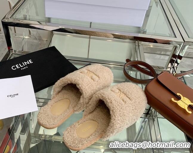 Best Luxury Celine Shearling Flat Mules 121502 Beige