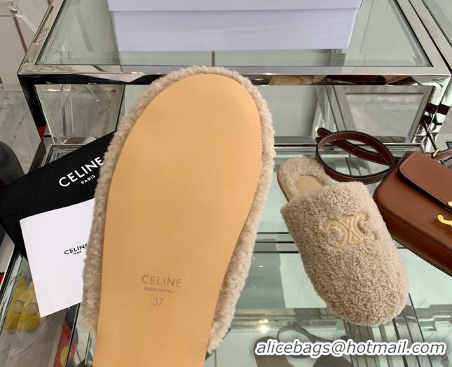 Best Luxury Celine Shearling Flat Mules 121502 Beige