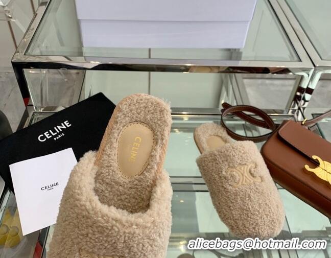 Best Luxury Celine Shearling Flat Mules 121502 Beige