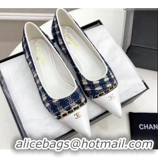 Pretty Style Chanel Tweed & Lambskin Pointed Ballerinas 121454 Blue/White