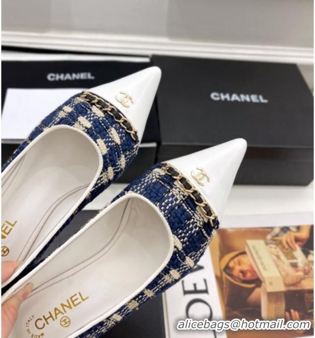 Pretty Style Chanel Tweed & Lambskin Pointed Ballerinas 121454 Blue/White