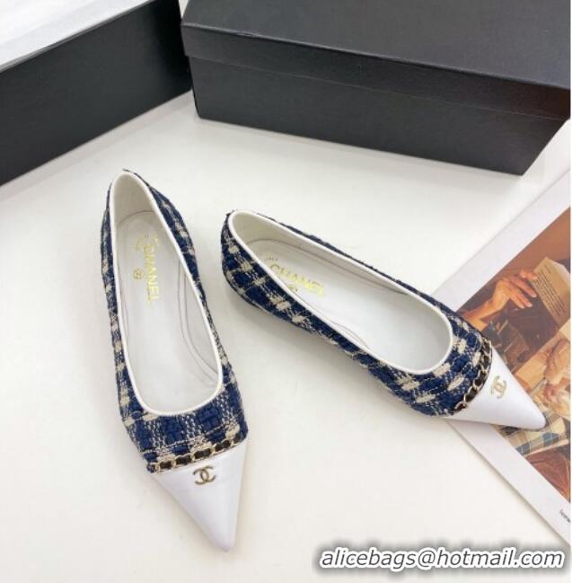 Pretty Style Chanel Tweed & Lambskin Pointed Ballerinas 121454 Blue/White