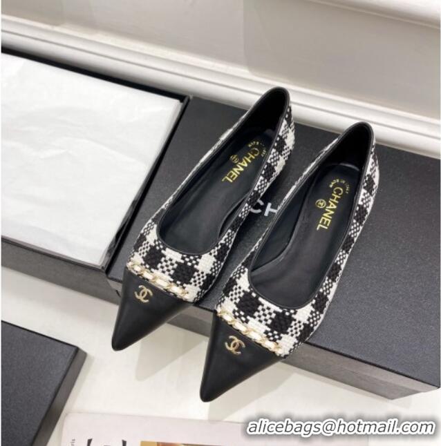 Good Quality Chanel Tweed & Lambskin Pointed Ballerinas 121454 Black/White