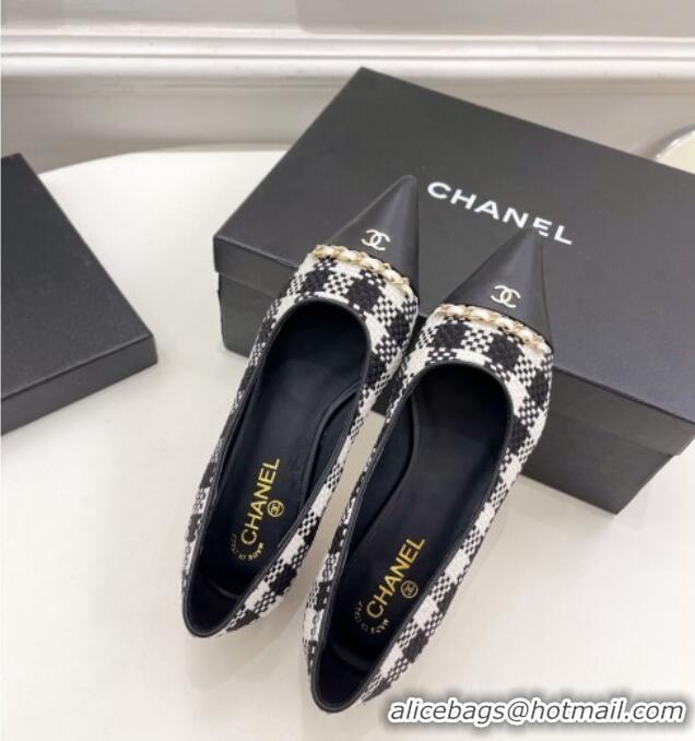 Good Quality Chanel Tweed & Lambskin Pointed Ballerinas 121454 Black/White