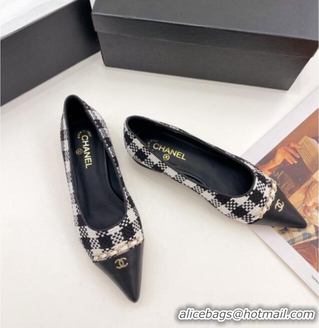 Good Quality Chanel Tweed & Lambskin Pointed Ballerinas 121454 Black/White