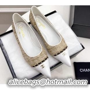 Best Product Chanel Tweed & Lambskin Pointed Ballerinas 121454 Beige/White