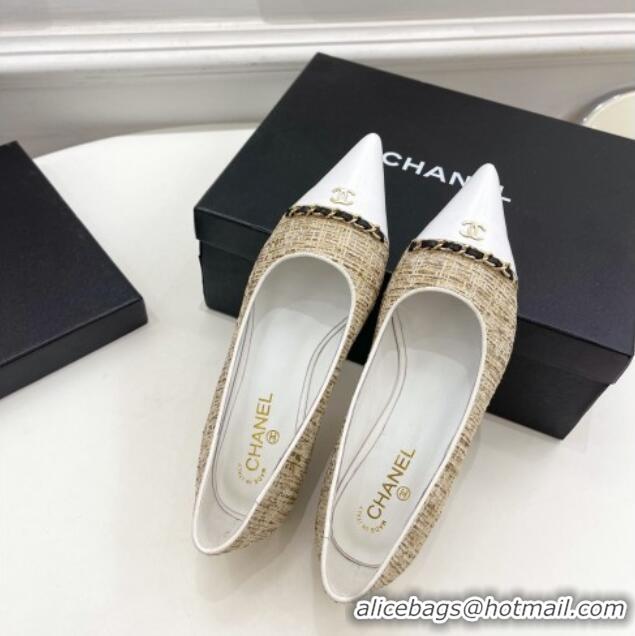 Best Product Chanel Tweed & Lambskin Pointed Ballerinas 121454 Beige/White