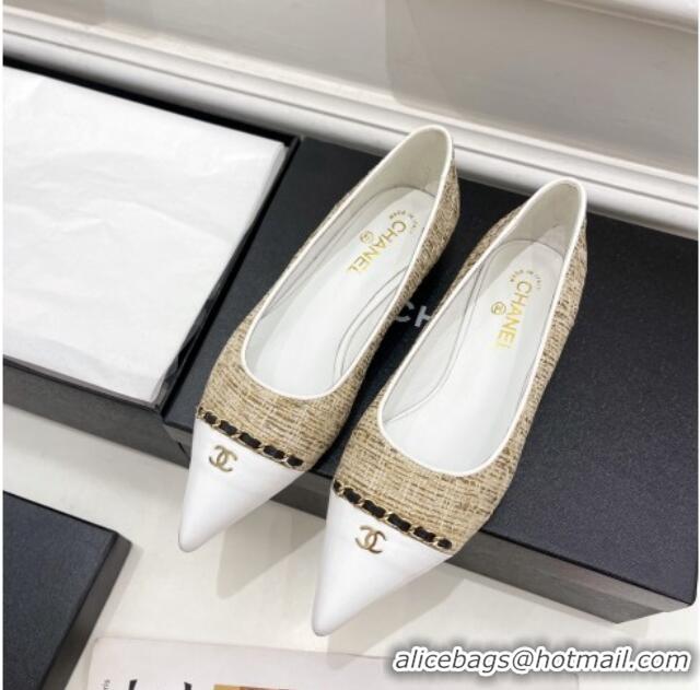 Best Product Chanel Tweed & Lambskin Pointed Ballerinas 121454 Beige/White