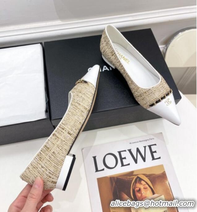 Best Product Chanel Tweed & Lambskin Pointed Ballerinas 121454 Beige/White