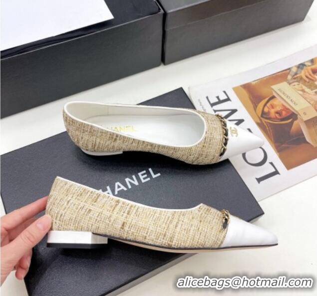 Best Product Chanel Tweed & Lambskin Pointed Ballerinas 121454 Beige/White