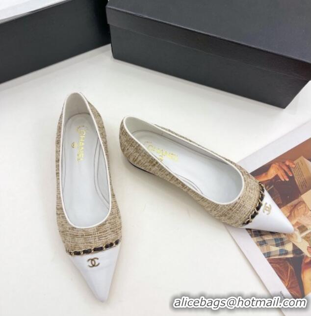 Best Product Chanel Tweed & Lambskin Pointed Ballerinas 121454 Beige/White