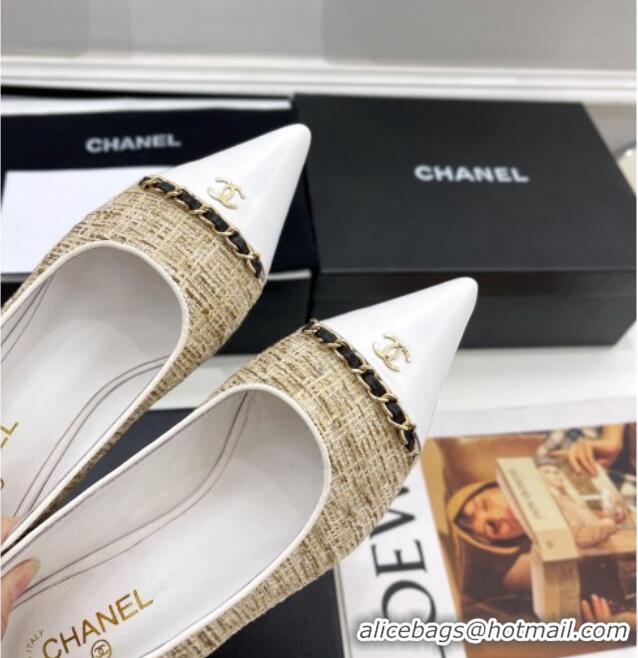 Best Product Chanel Tweed & Lambskin Pointed Ballerinas 121454 Beige/White