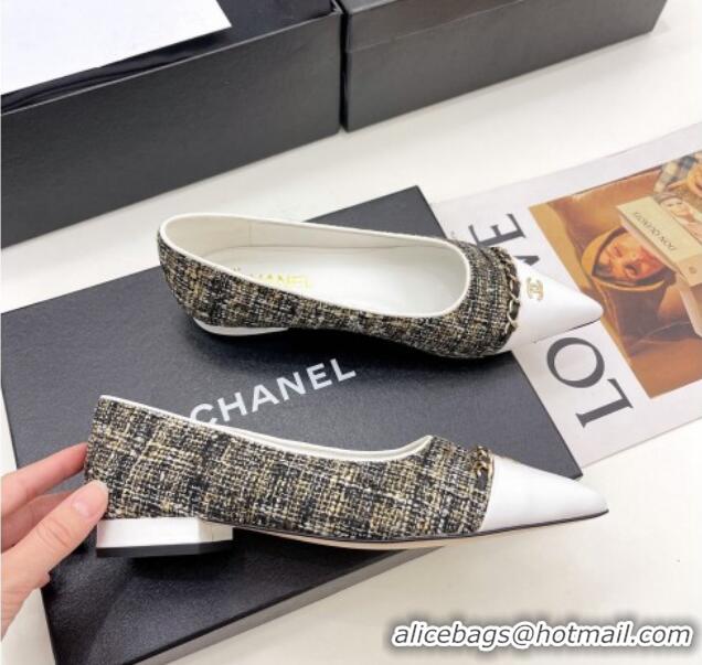 Discount Chanel Tweed & Lambskin Pointed Ballerinas 121454 Black/Gold/White