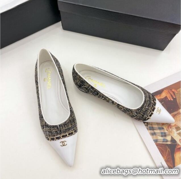 Discount Chanel Tweed & Lambskin Pointed Ballerinas 121454 Black/Gold/White