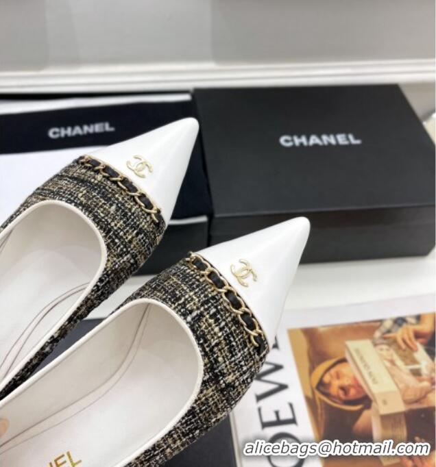 Discount Chanel Tweed & Lambskin Pointed Ballerinas 121454 Black/Gold/White