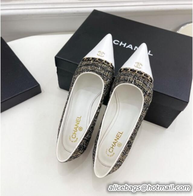 Discount Chanel Tweed & Lambskin Pointed Ballerinas 121454 Black/Gold/White