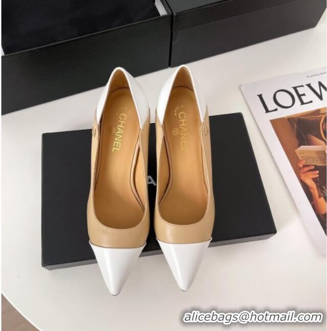 Top Grade Chanel Lambskin Pumps 8.5cm G38246 Beige/White