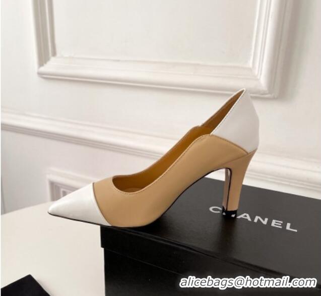 Top Grade Chanel Lambskin Pumps 8.5cm G38246 Beige/White