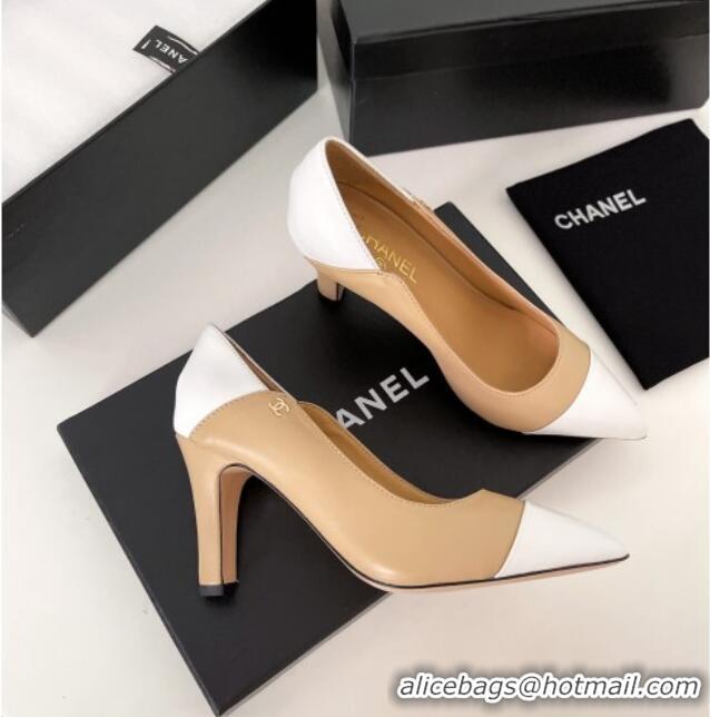 Top Grade Chanel Lambskin Pumps 8.5cm G38246 Beige/White