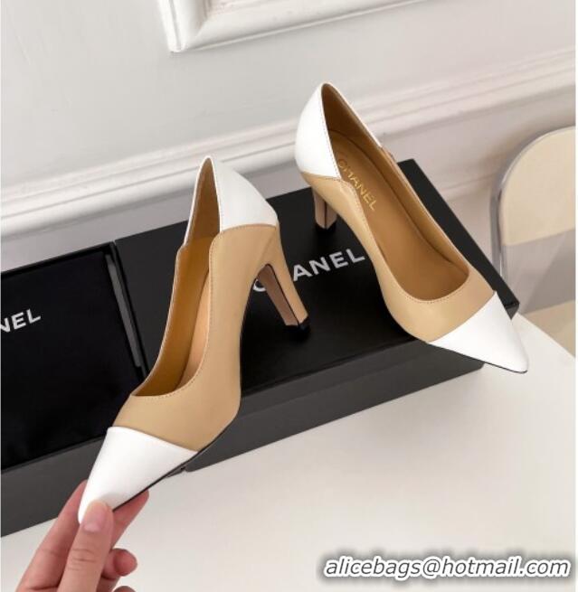 Top Grade Chanel Lambskin Pumps 8.5cm G38246 Beige/White