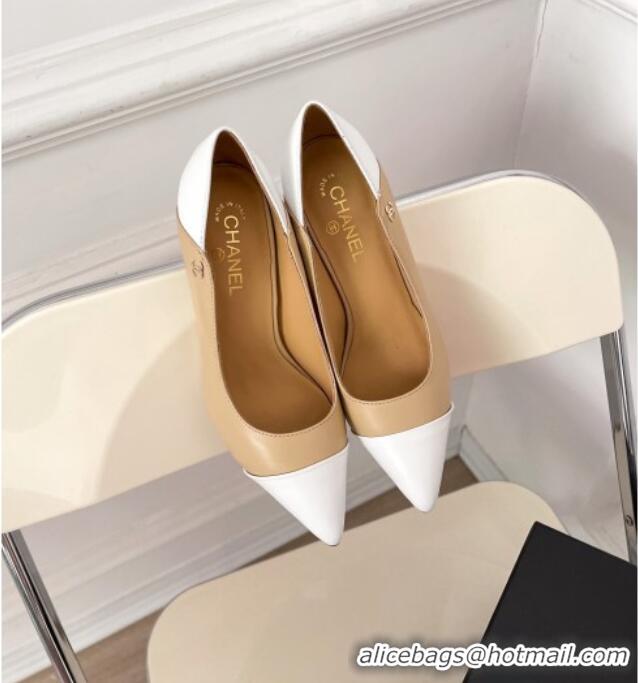 Top Grade Chanel Lambskin Pumps 8.5cm G38246 Beige/White