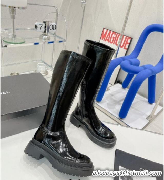 Best Quality Chanel Elastic Leather Calf-High Boots 5cm 121462 Black