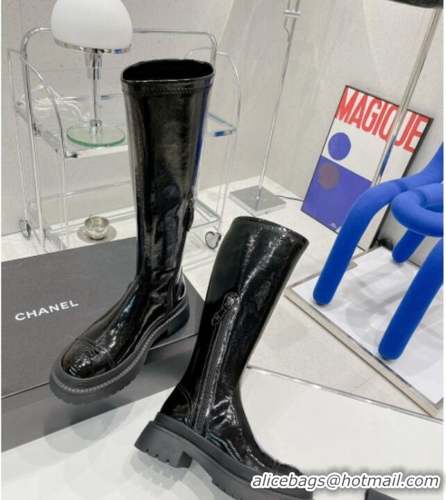 Best Quality Chanel Elastic Leather Calf-High Boots 5cm 121462 Black