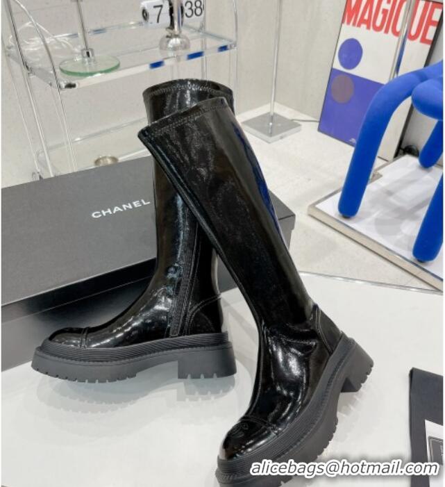 Best Quality Chanel Elastic Leather Calf-High Boots 5cm 121462 Black